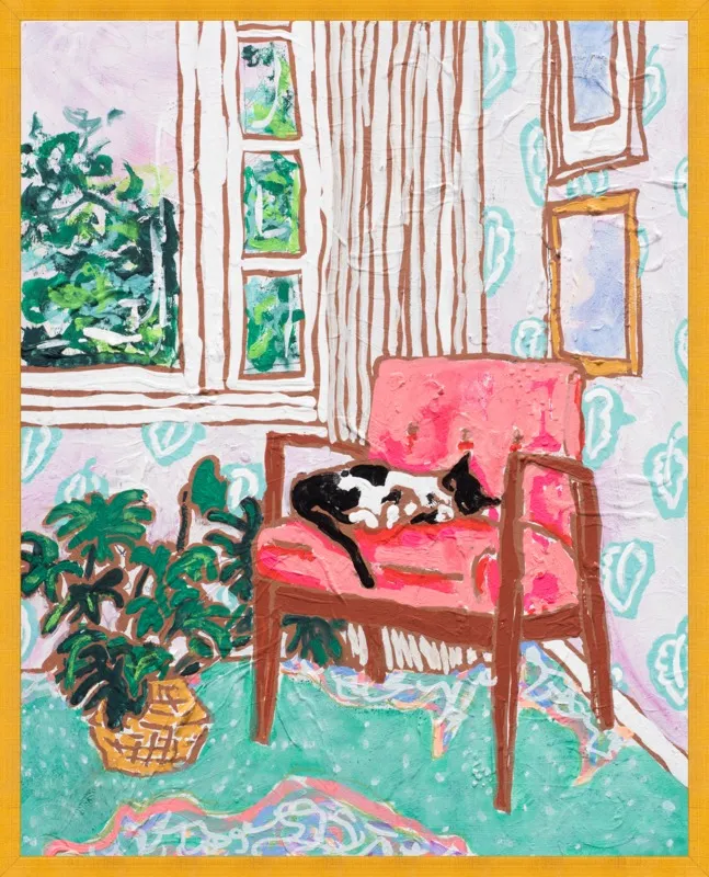 Cat Nap: Tuxedo Cat Napping in Mid-Century Chair by Lara Lee Meintjes for Artfully Walls