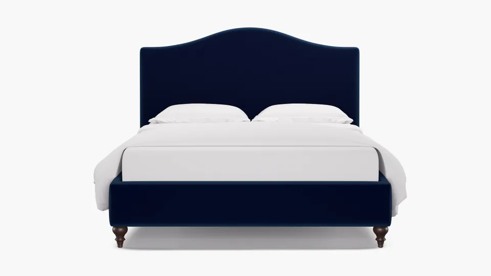 Camelback Bed, Navy Performance Velvet, Espresso Traditional Turned Leg, Twin