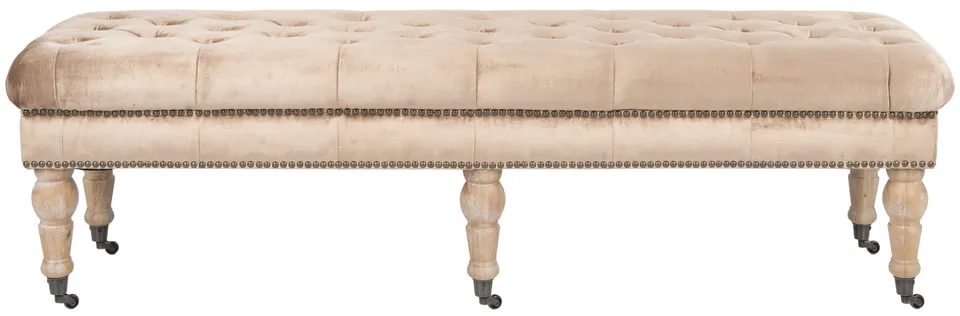 Barney Tufted Bench - Brass Nail Heads - Mink Brown/Pickled Oak