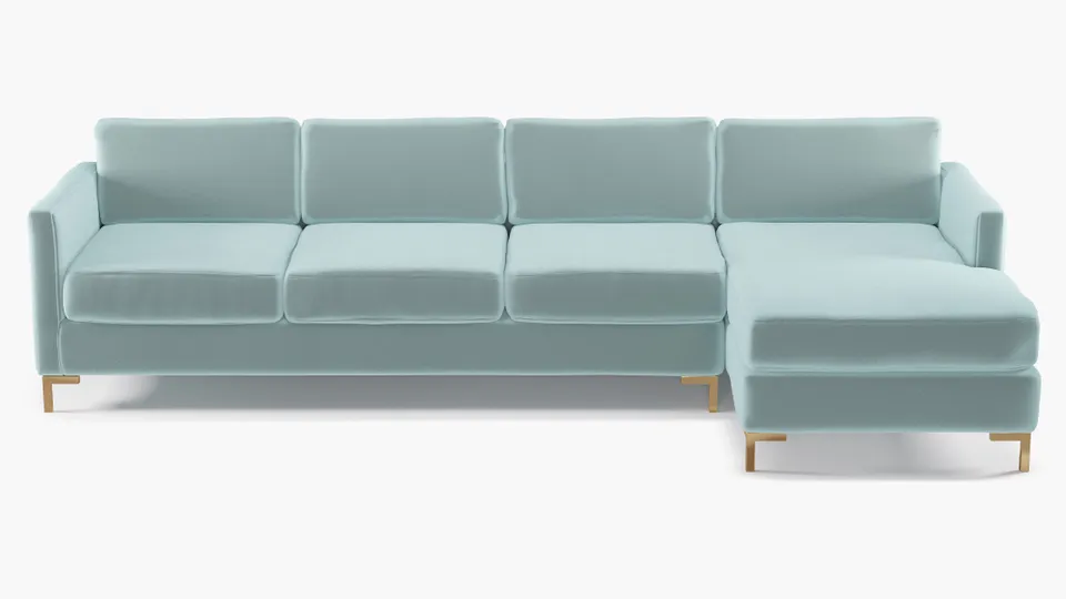 Modern Sectional, Right Facing, Spa Performance Plush Velvet, Brass L Leg