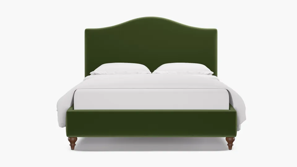 Camelback Bed, Essex Performance Velvet, Walnut Traditional Turned Leg, Full