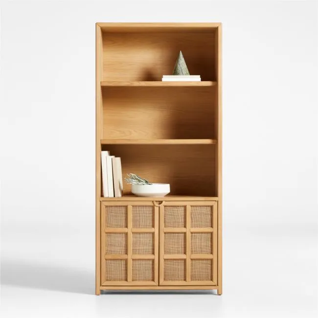 Campagna 39" Rattan and Natural Oak Wood 3-Shelf Storage Bookcase Cabinet