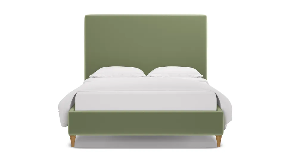 Classic Bed, Celadon Performance Plush Velvet, Natural Decorative Tapered Leg, King