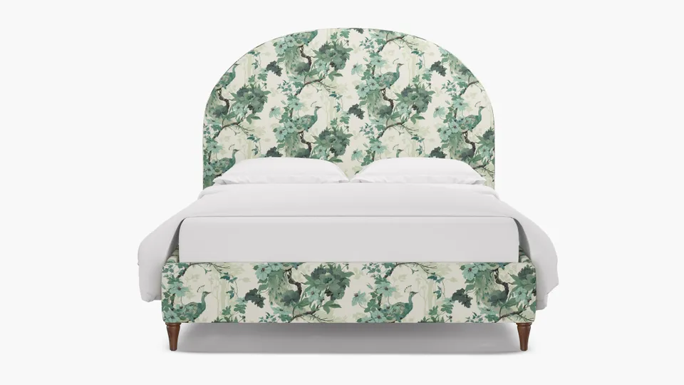 Demilune Bed, Jade Peacock Park, Walnut Decorative Tapered Leg, Full