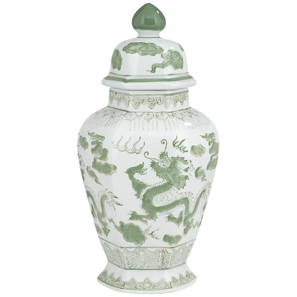 Sansui 15" High Green and White Ceramic Ginger Jar with Lid