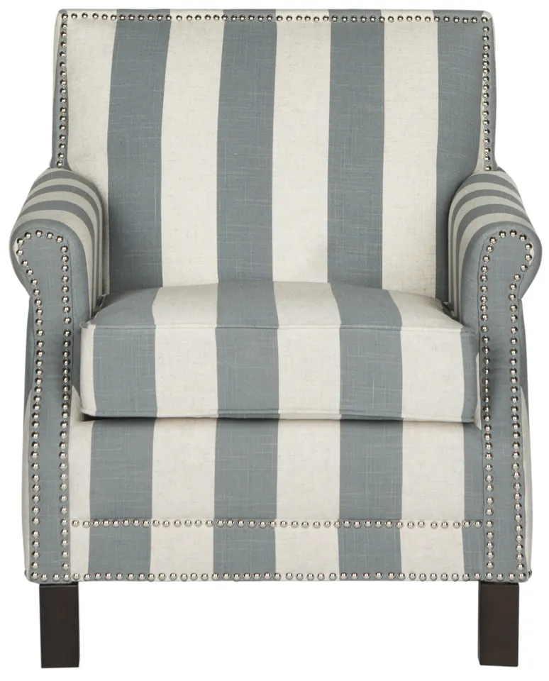 Easton Club Chair With Awning Stripes - Silver Nail Heads - Gray/White/Espresso