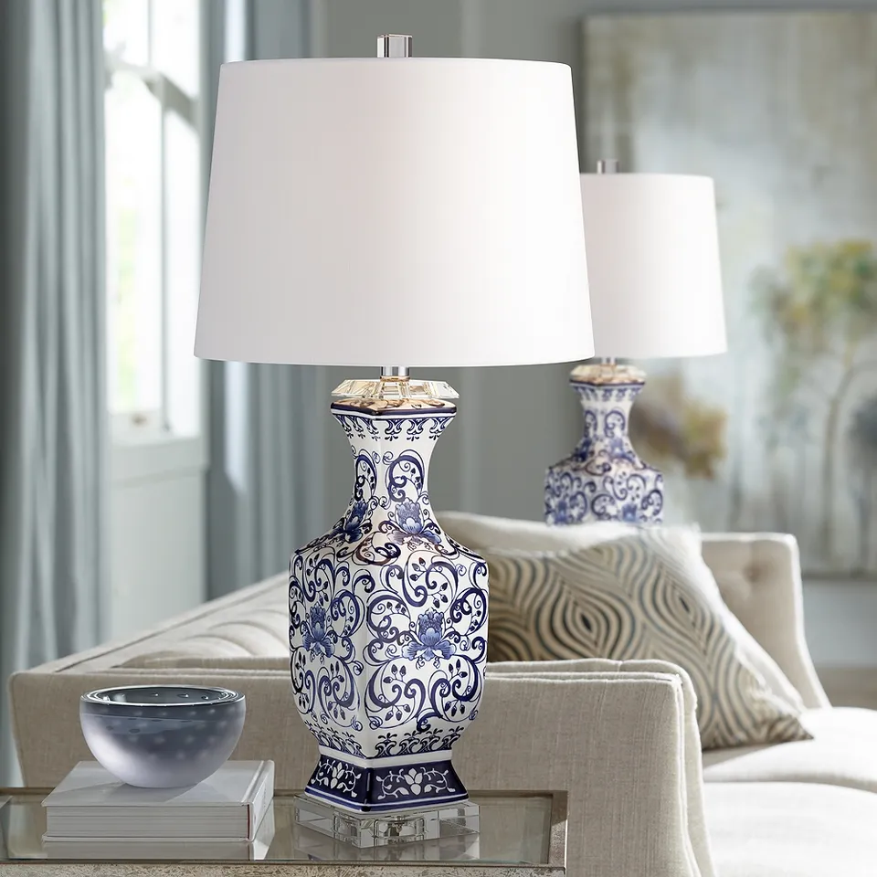 Regency Hill Iris 28" Blue and White Porcelain Table Lamps Set of 2