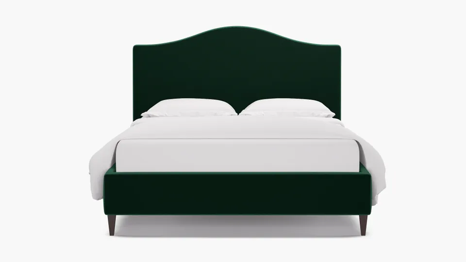 Camelback Bed, Spruce Performance Plush Velvet, Espresso Square Tapered Leg, Queen