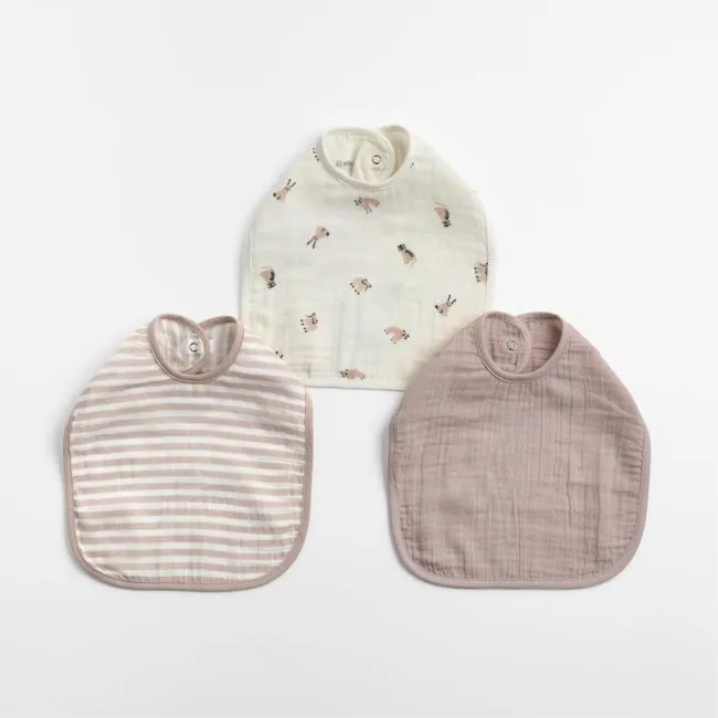 Supersoft Lilac Rose Mini Animal Organic Cotton Gauze Baby Bib, Set of 3