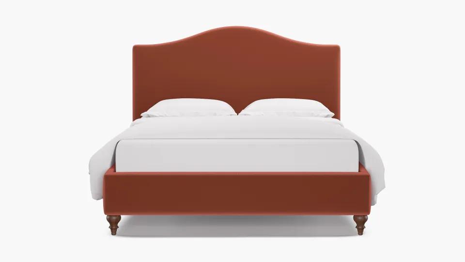 Camelback Bed, Terracotta Performance Velvet, Walnut Traditional Turned Leg, Full