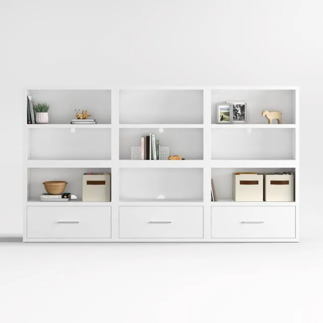 Ever Simple 108" Set of 3 Modular White Wood Kids Open Bookcases with Drawers