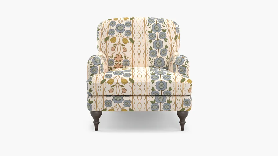 English Roll Arm Chair, Colonial Blue Floriline
