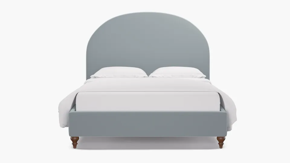 Demilune Bed, Sterling Performance Velvet, Walnut Traditional Turned Leg, Queen
