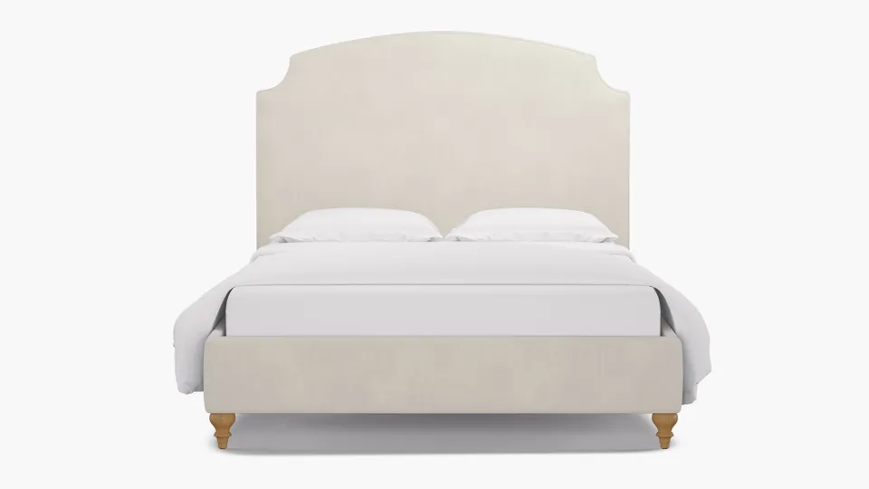 Cove Bed, White Performance Velvet, Natural Decorative Tapered Leg, King
