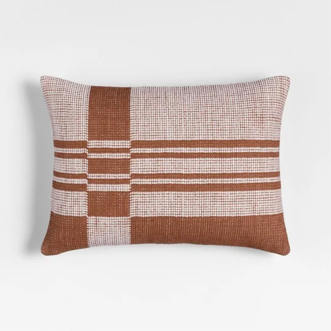 Wool/Linen Plaid 22"x15" Maple Brown Throw Pillow with Feather Insert