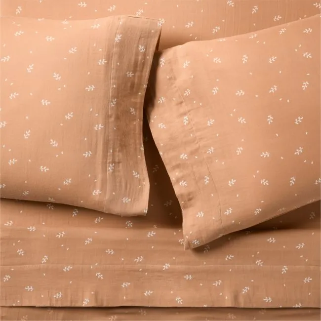 Supersoft Terracotta Leaf Print 100% Organic Cotton Gauze Kids Full Sheet Set