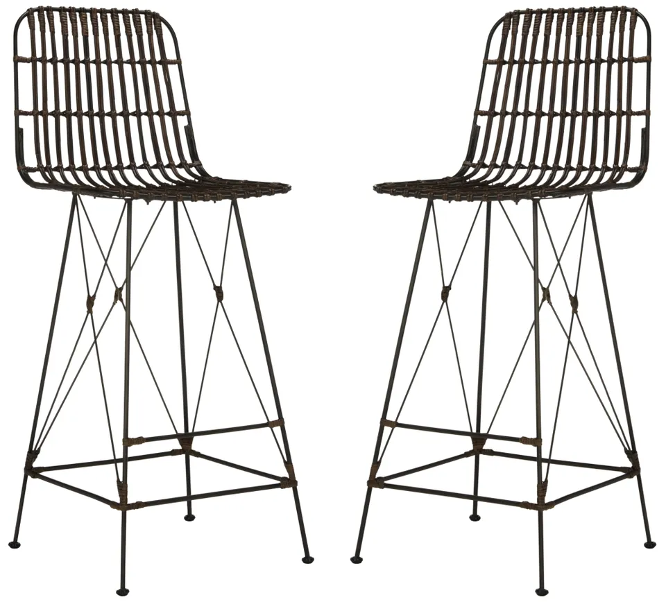 Minerva Wicker Bar Stool, Set Of 2 - Pecan Brown / Black
