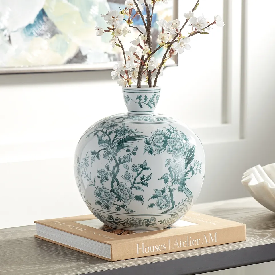 Lotus 11" High Ginger Jar Green and White Ceramic Decorative Vase