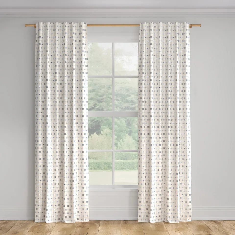 Printed Linen Curtain, Delft Meadow Check, 50" x 108", Privacy