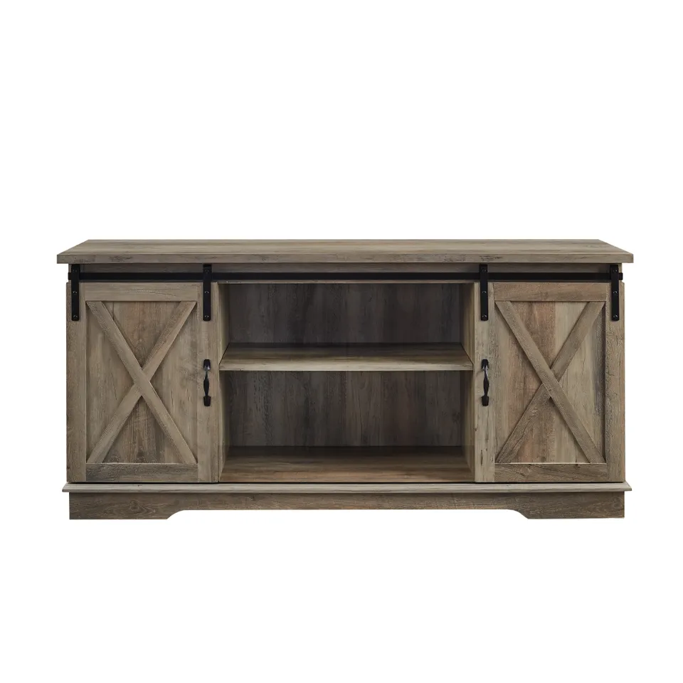 58" Sliding Barn Door Modern Farmhouse Wood TV Stand - Grey Wash