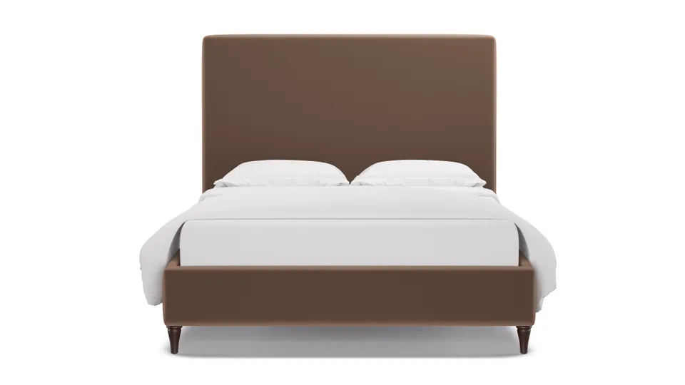 Classic Bed, Mink Performance Plush Velvet, Espresso Decorative Tapered Leg, Queen