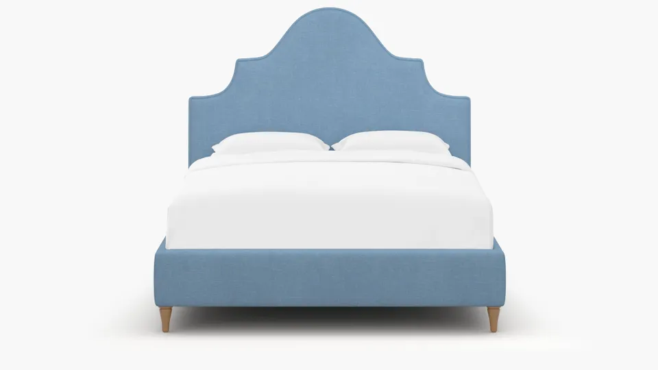 Statement Bed, French Blue Everyday Linen, Natural Decorative Tapered Leg, Queen