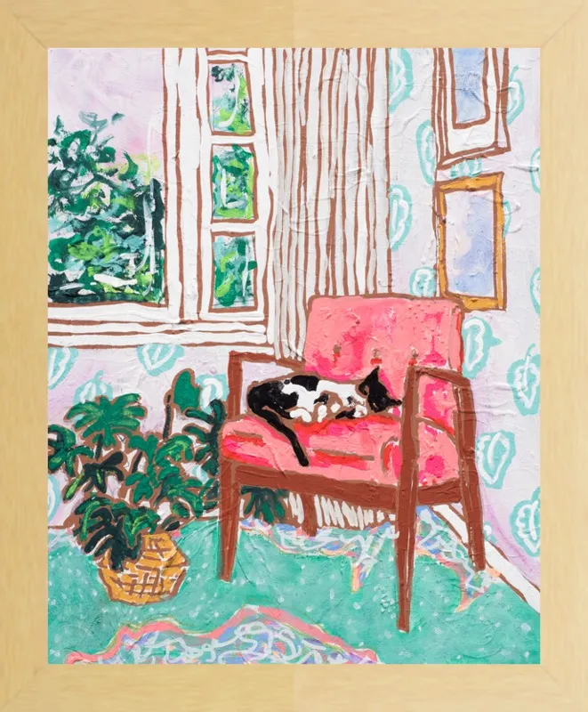 Cat Nap: Tuxedo Cat Napping in Mid-Century Chair by Lara Lee Meintjes for Artfully Walls