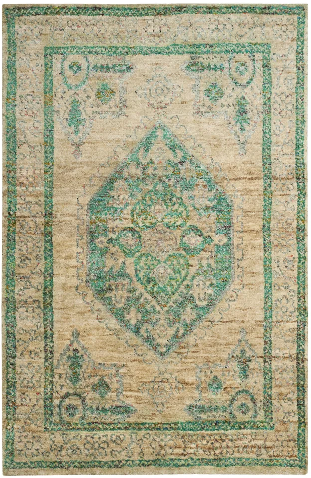 Arlo Home Hand Knotted Area Rug, TGR606A, Beige/Emerald,  5' X 8'