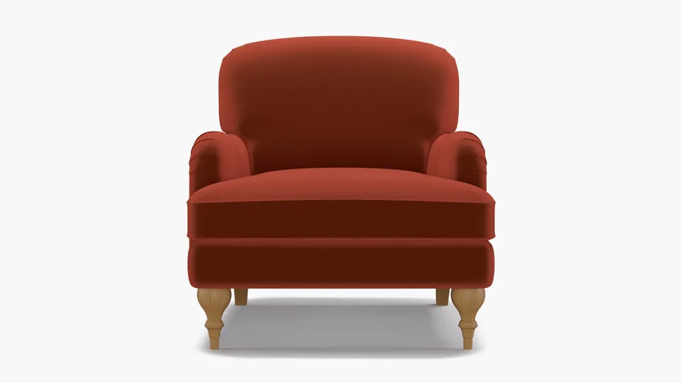English Roll Arm Chair, Rust Performance Velvet, Natural Turned Wood Leg