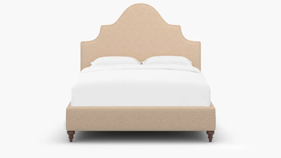Statement Bed, Buff Boucle, Walnut Traditional Turned Leg, King