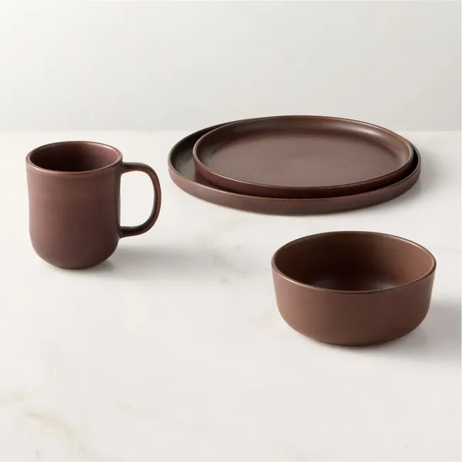 Drift 4-Piece Chocolate Brown Dinnerware Set with Soup Bowl with Reactive Glaze