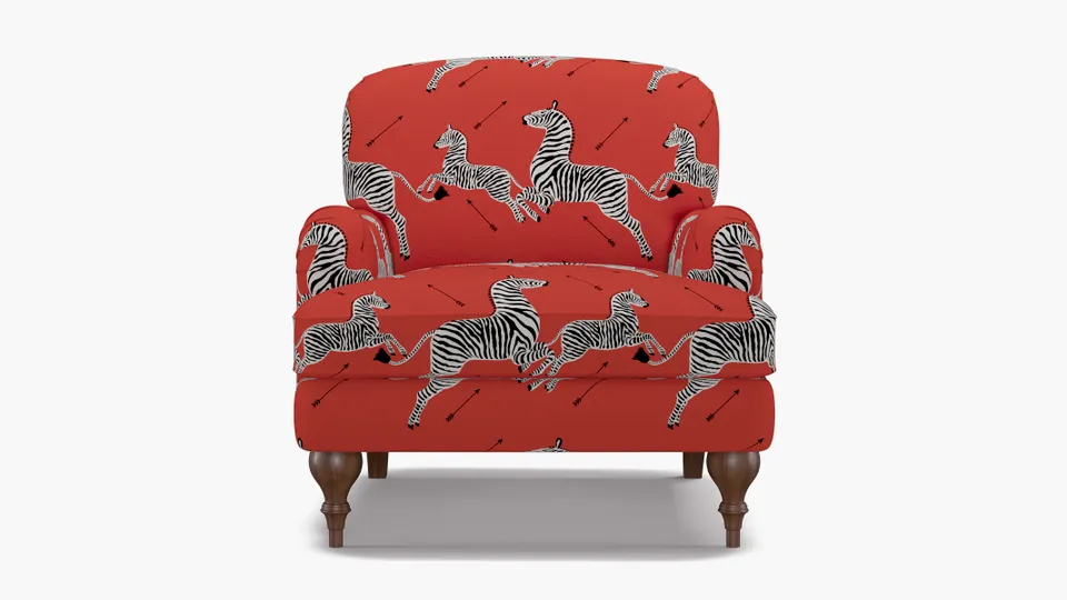 English Roll Arm Chair, Coral Zebra, Walnut Turned Wood Leg
