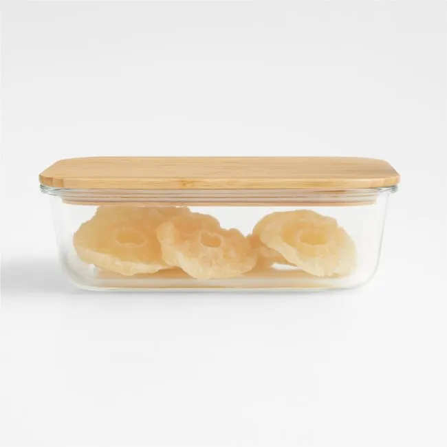 Crate & Barrel Rectangular Glass Storage Container with Bamboo Lid, 7-cup