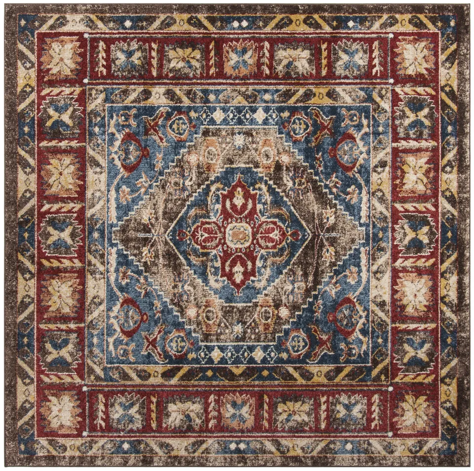 Arlo Home Woven Area Rug, BIJ621C, Brown/Royal,  6' 7" X 6' 7" Square