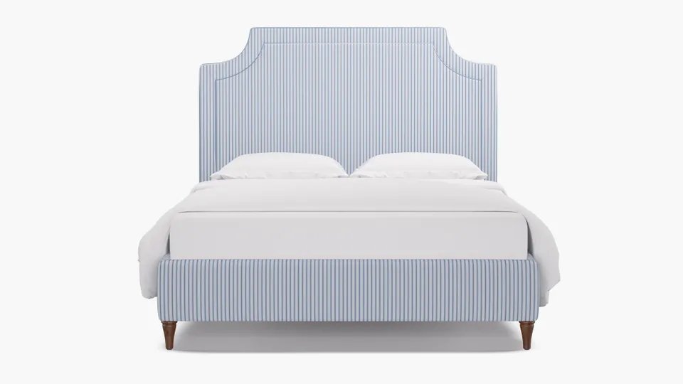 Deco Bed, Cornflower Classic Ticking Stripe, Walnut Decorative Tapered Leg, Twin