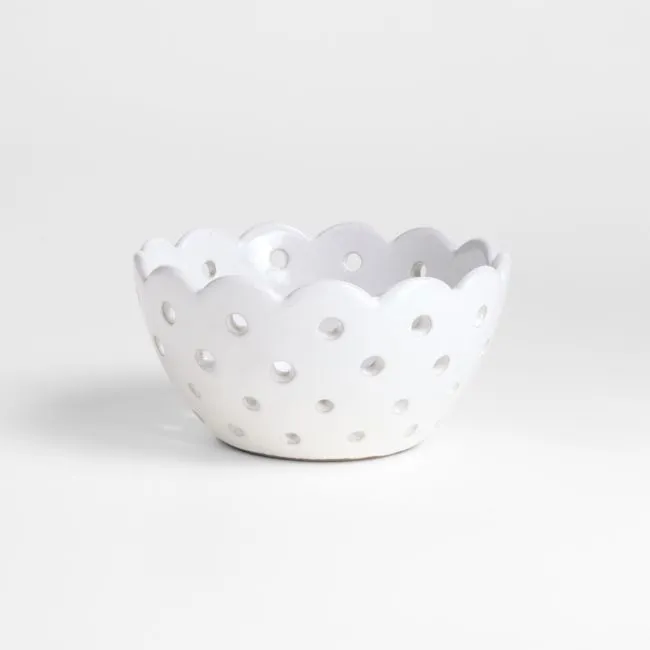 Small White Scallop Eyelet Stoneware Colander by Laura Kim