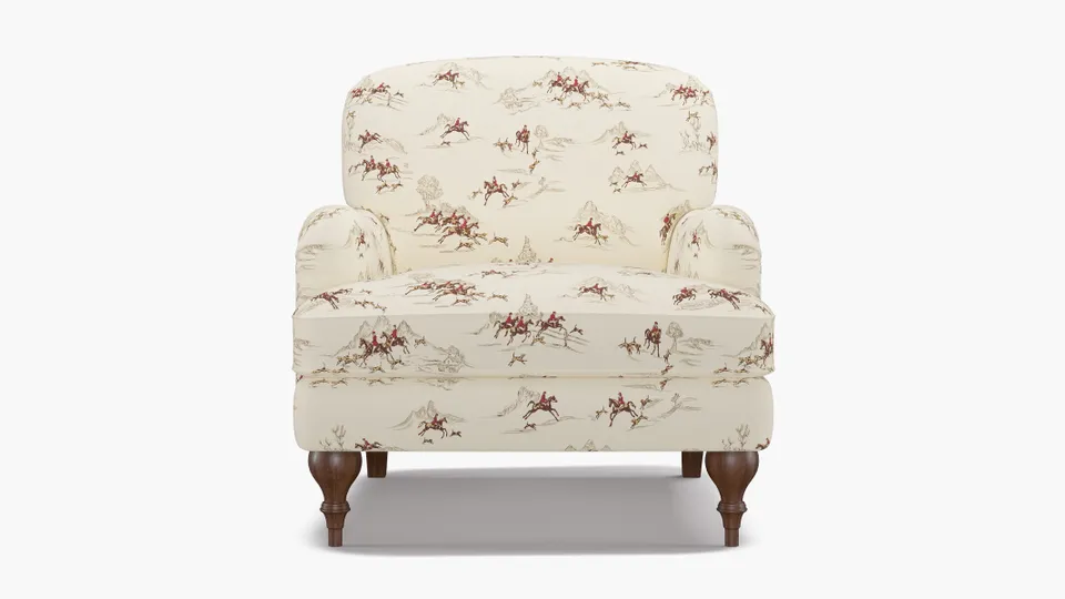 English Roll Arm Chair, Red Cotswold Hunt, Walnut Turned Wood Leg