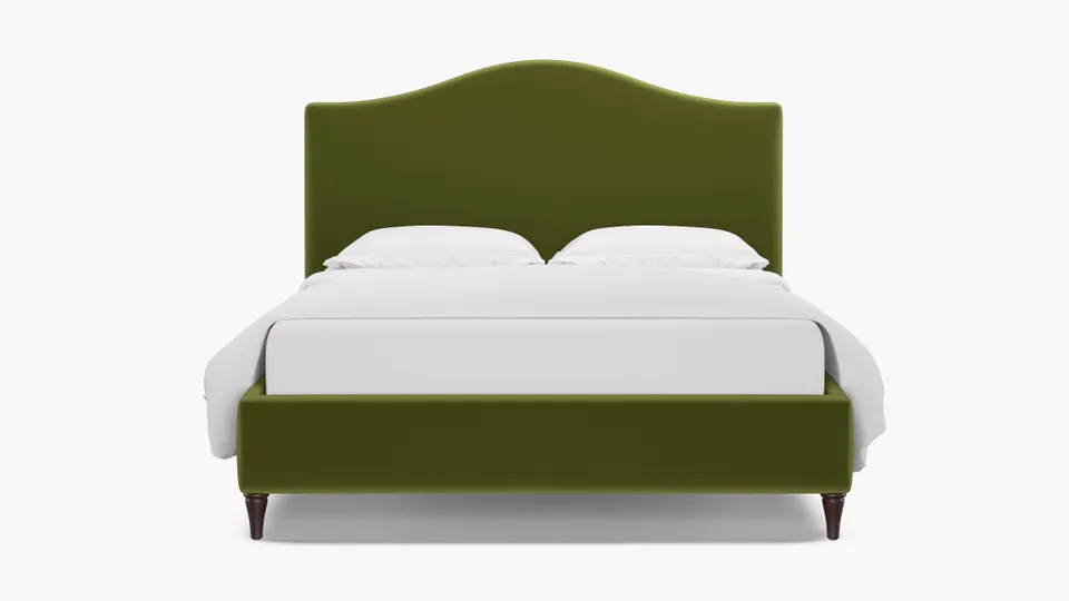 Camelback Bed, Sage Performance Velvet, Espresso Decorative Tapered Leg, King