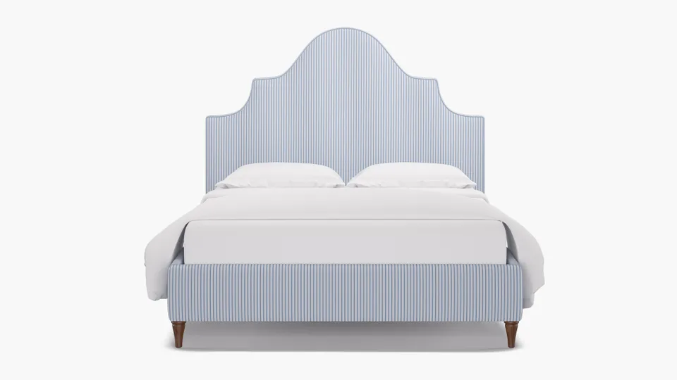 Statement Bed, Cornflower Classic Ticking Stripe, Walnut Decorative Tapered Leg, Queen