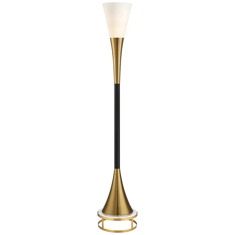 Possini Euro Piazza Brass and Black Torchiere Floor Lamp with Riser