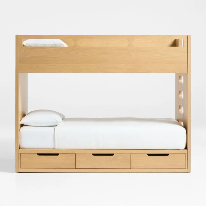 Bridgeman Natural Oak Wood Kids Twin Bunk Bed with Storage Trundle