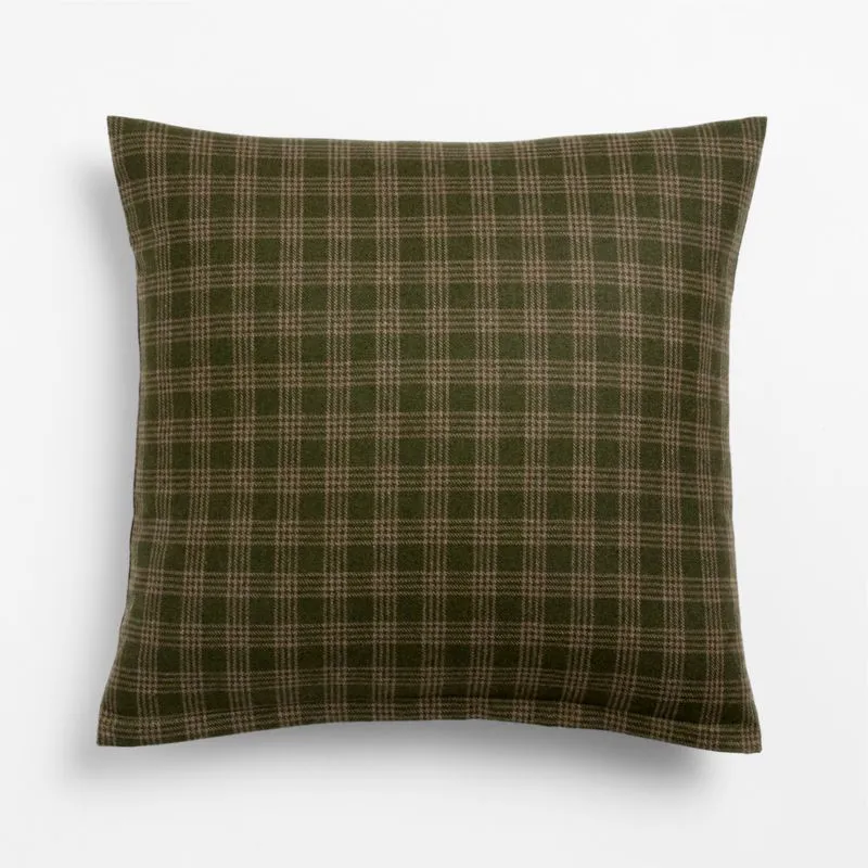 Roberto Italian Wool Blend Plaid 20"x20" Burnt Green Throw Pillow with Down-Alternative Insert