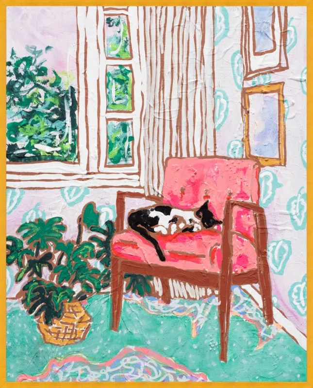 Cat Nap: Tuxedo Cat Napping in Mid-Century Chair by Lara Lee Meintjes for Artfully Walls