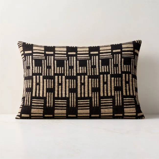 Melrose Black With Sand Jacquard Wool And Silk Lumbar Pillow Cover 22"x15"