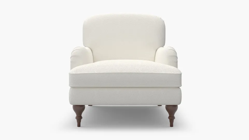 English Roll Arm Chair, Snow Boucle, Walnut Turned Wood Leg