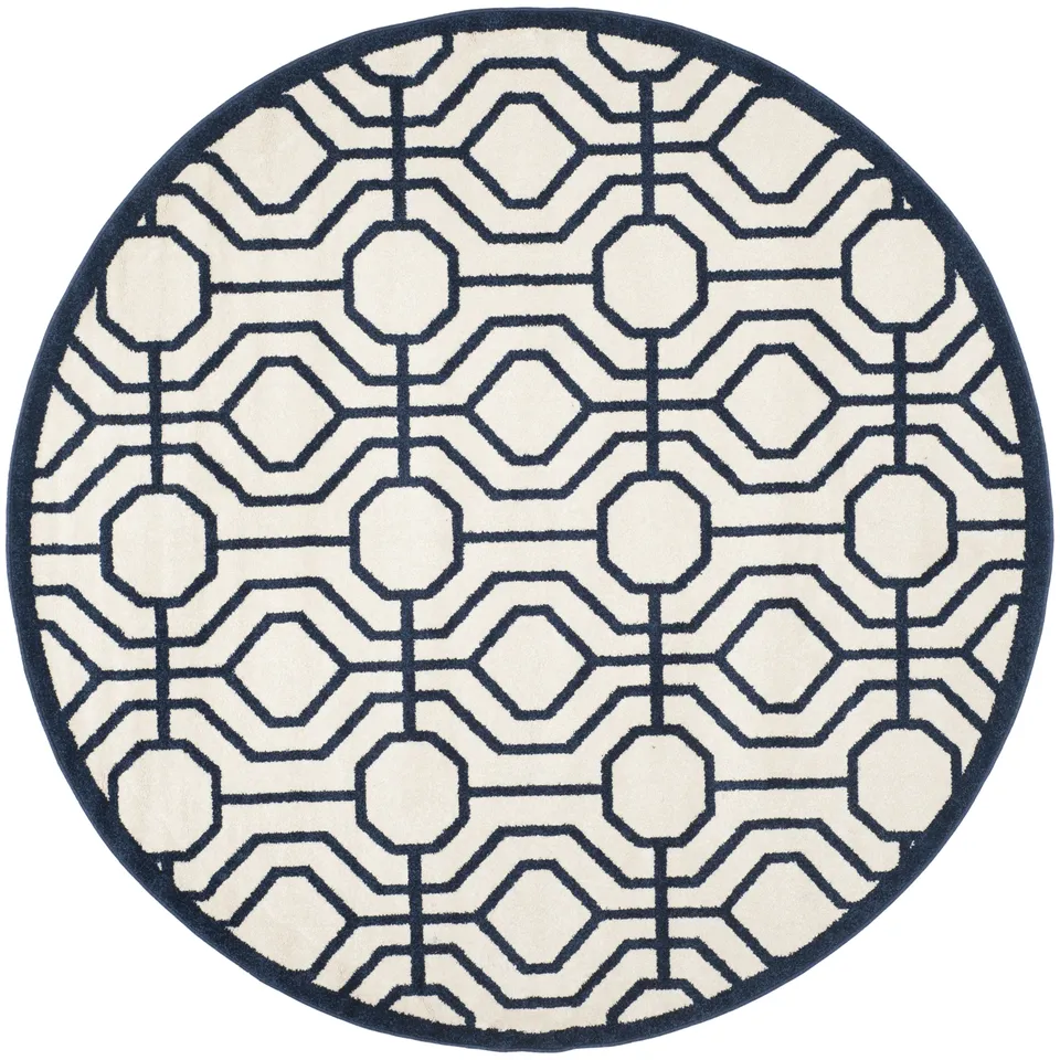 Arlo Home Indoor/Outdoor Woven Area Rug, AMT416M, Ivory/Navy,  7' X 7' Round