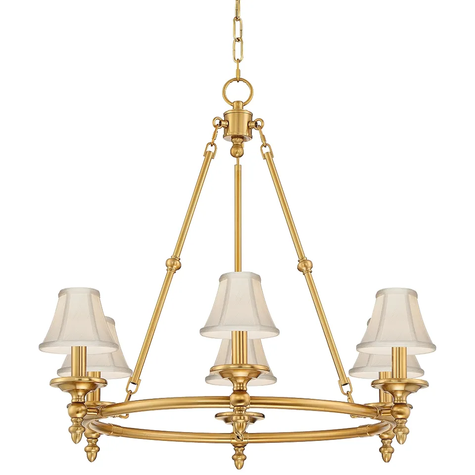 Stiffel Hartley 28"W Antique Gold 6-Light Chandelier with Cream Shades