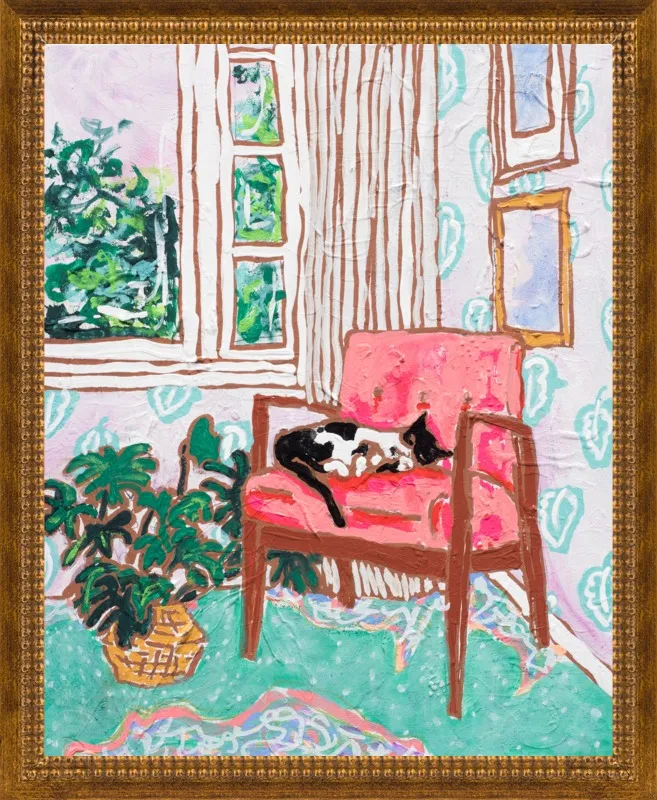 Cat Nap: Tuxedo Cat Napping in Mid-Century Chair by Lara Lee Meintjes for Artfully Walls