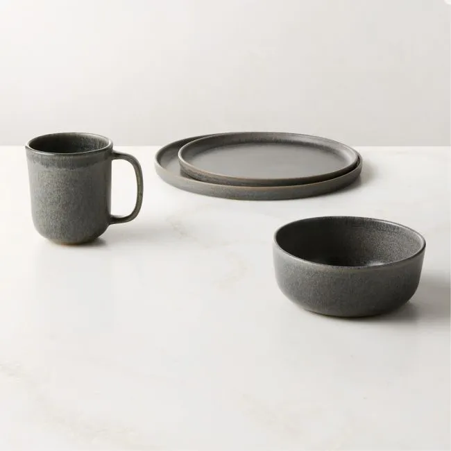 Drift 4-Piece Grey Dinnerware Set with Soup Bowl with Reactive Glaze