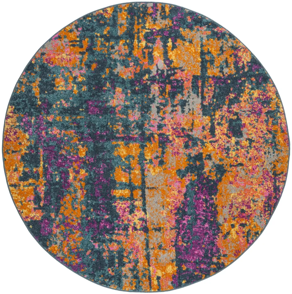 Arlo Home Woven Area Rug, MAD143A, Blue/Orange,  6' 7" X 6' 7" Round